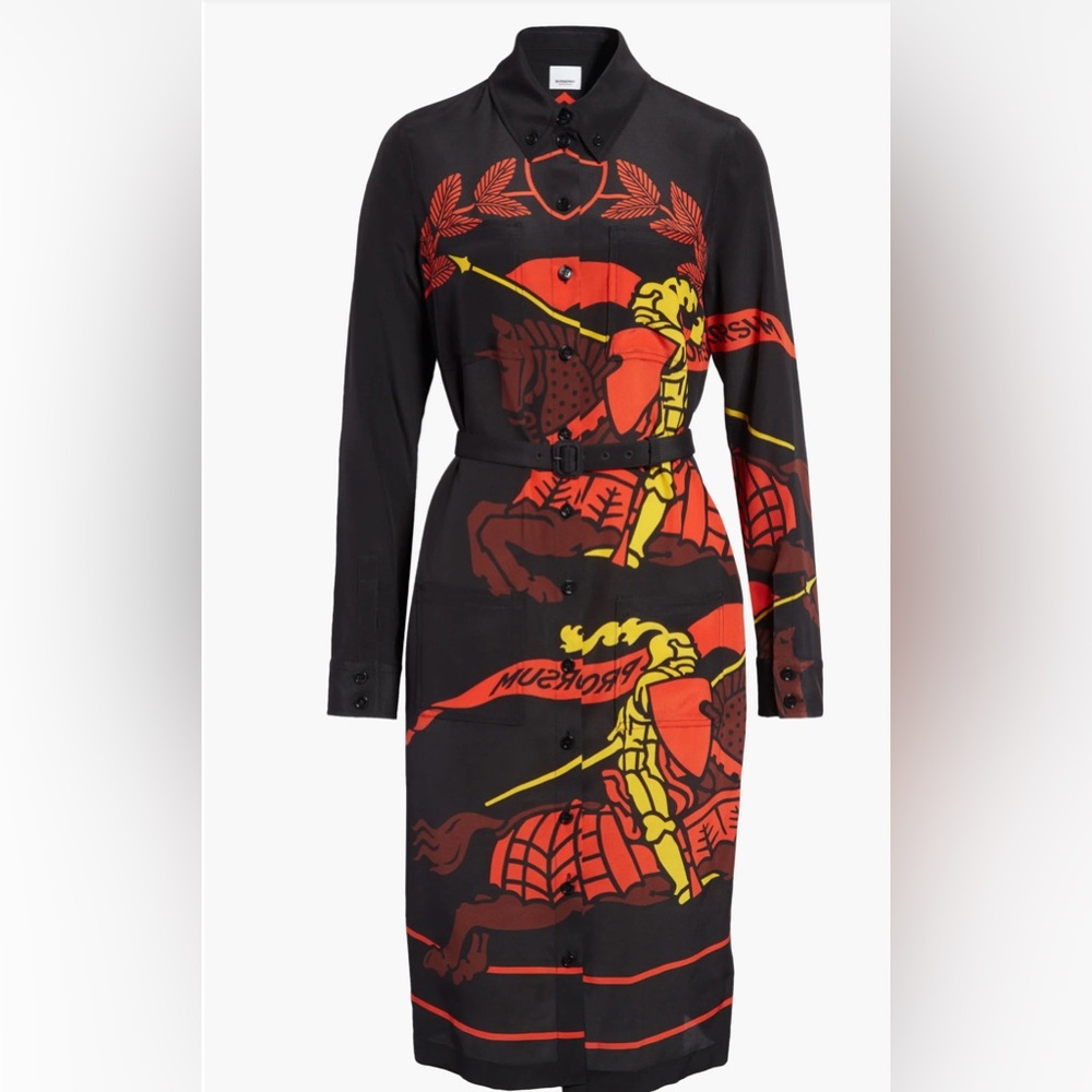 Burberry EKD Print Long Sleeve Belted Silk Midi Shirtdress
